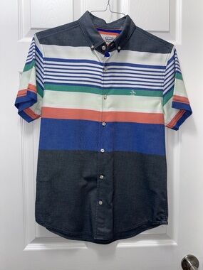 Original Penguin Men’s Short Sleeve Striped Button-Down Shirt - Navy/Multi
